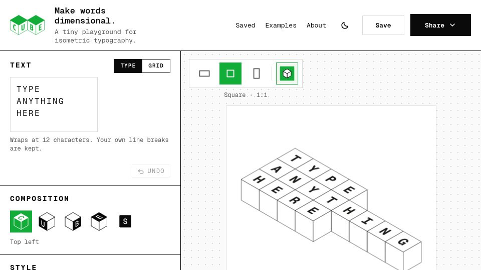 Screenshot of typeincube.com: Cube Type – Isometric Typography Generator