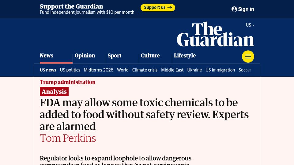 Screenshot of theguardian.com: FDA may allow some toxic chemicals to be added to food without safety review