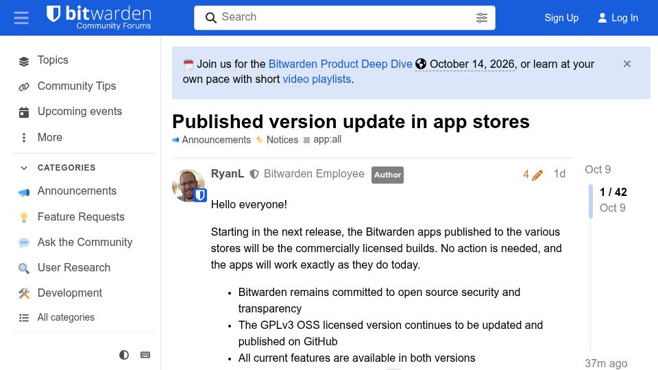 Screenshot of community.bitwarden.com: Bitwarden Dual License Model
