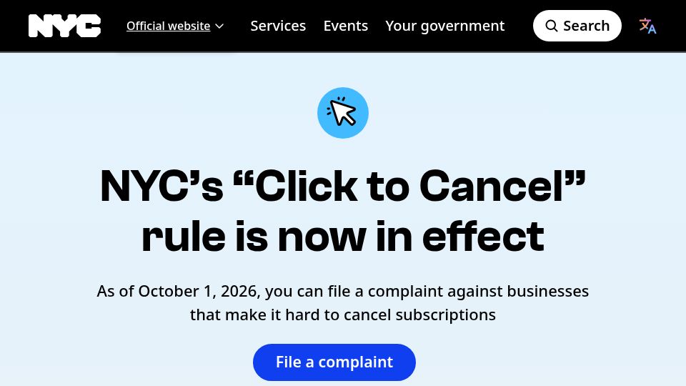 Screenshot of nyc.gov: NYC's "Click to Cancel" rule is now in effect