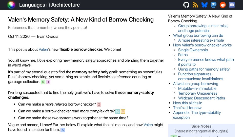 Screenshot of verdagon.dev: Valen's Memory Safety: A New Kind of Borrow Checking