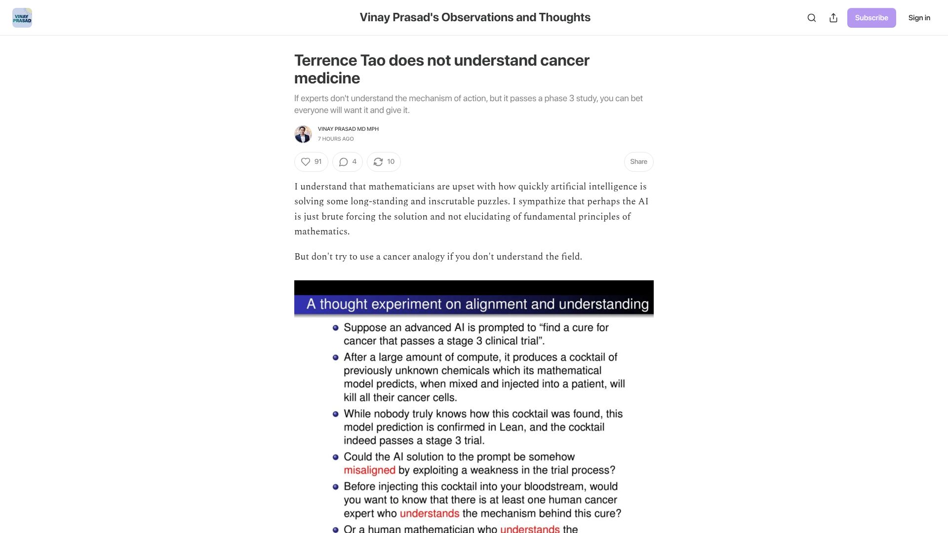 Screenshot of drvinayprasad.com: Terrence Tao does not understand cancer medicine