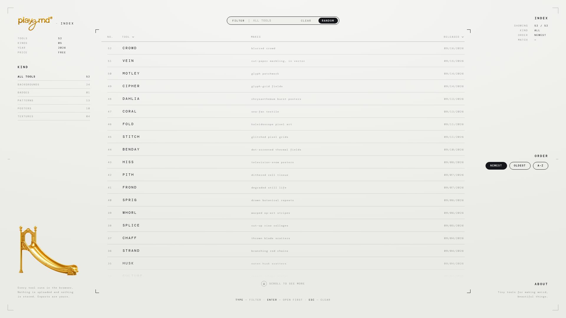 Screenshot of playgrnd.tools: Playgrnd – tiny tools for making weird, beautiful things