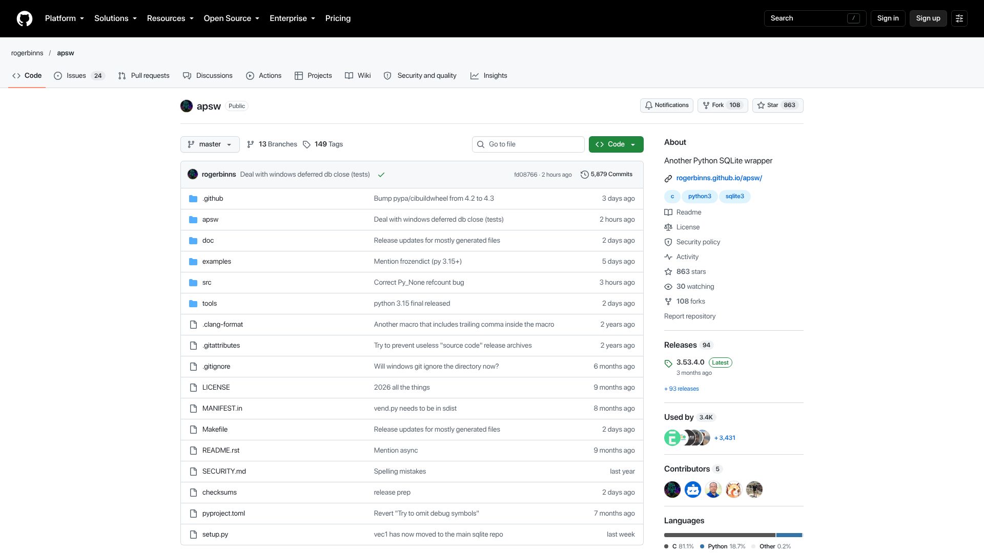Screenshot of github.com: apsw: Another Python SQLite Wrapper
