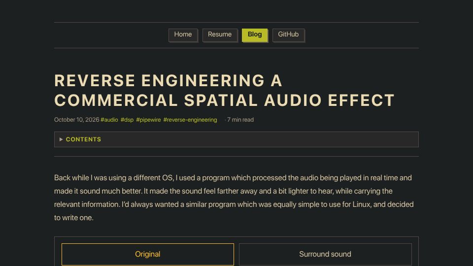 Screenshot of epestr.com: How I reverse engineered a commercial spatial audio effect