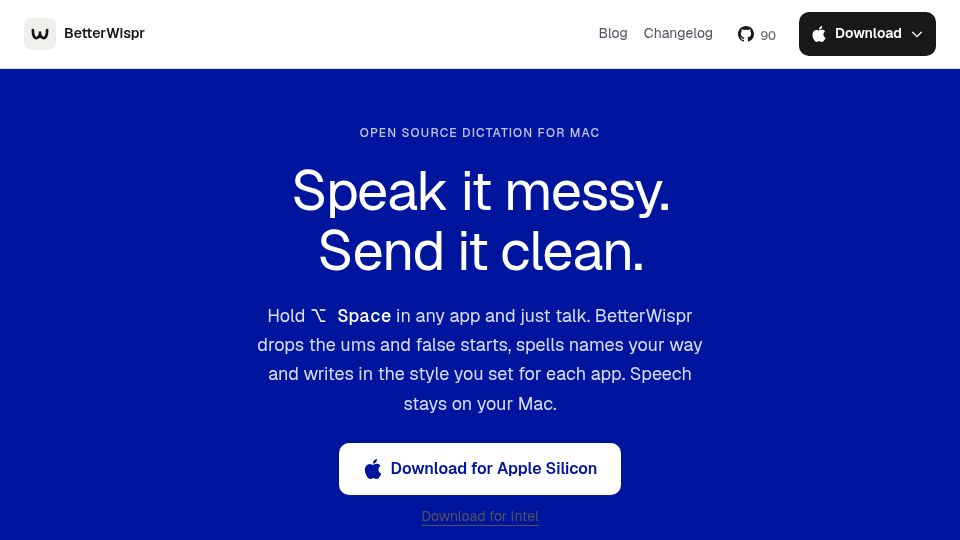Screenshot of betterwispr.com: Show HN: BetterWispr – Free, open-source dictation for Mac