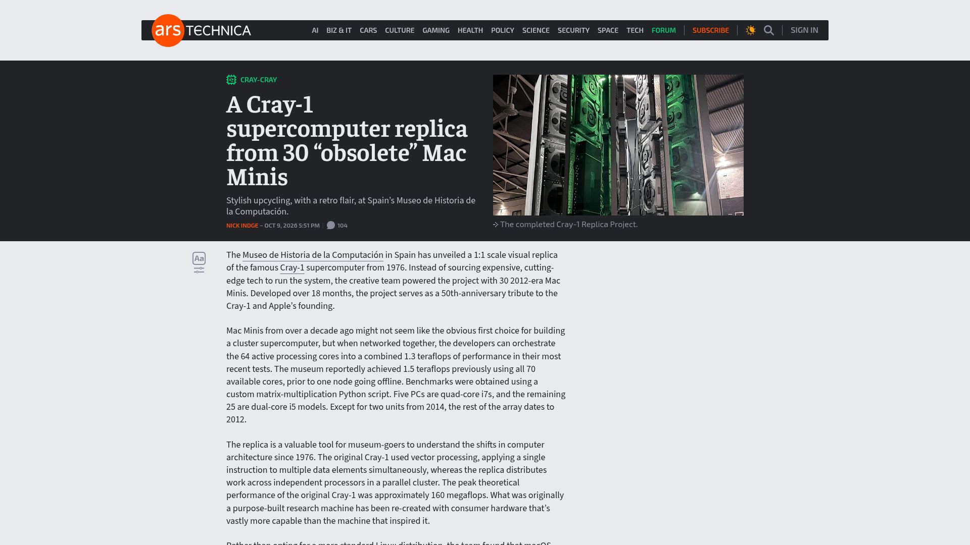 Screenshot of arstechnica.com: A Cray-1 supercomputer replica from 30 "obsolete" Mac Minis