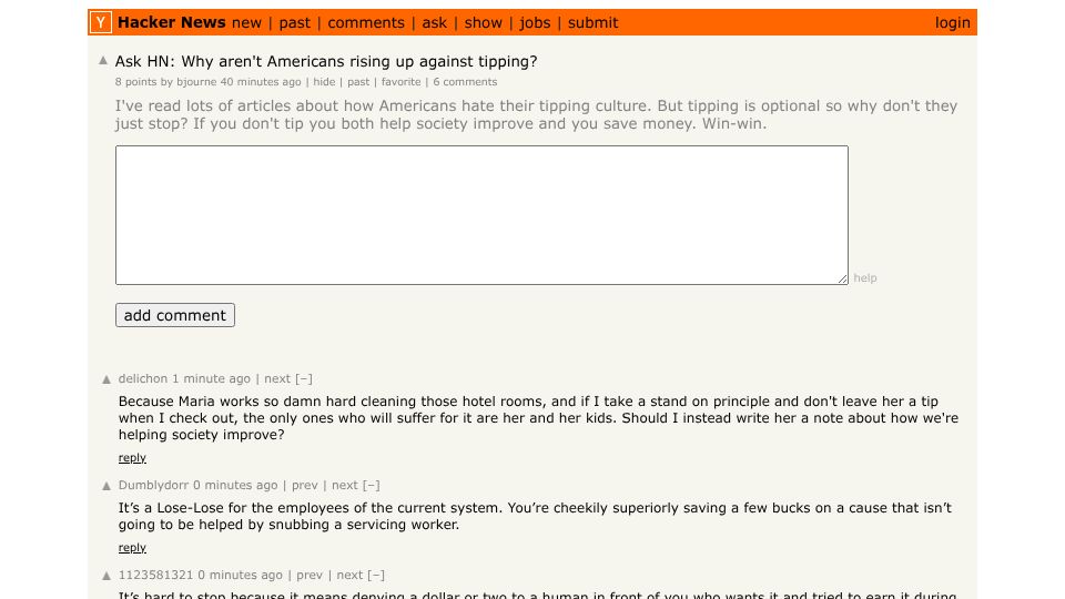 Screenshot of Hacker News post: Ask HN: Why aren't Americans rising up against tipping?