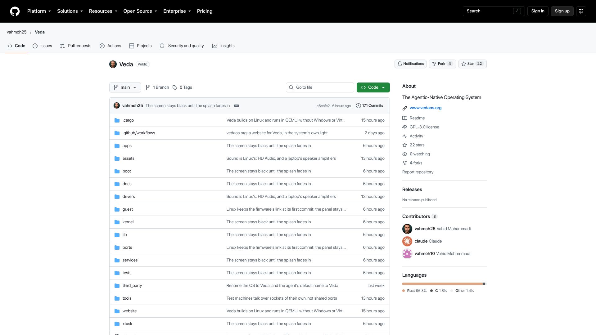 Screenshot of github.com: Veda: The First Agentic Hobby Operating System