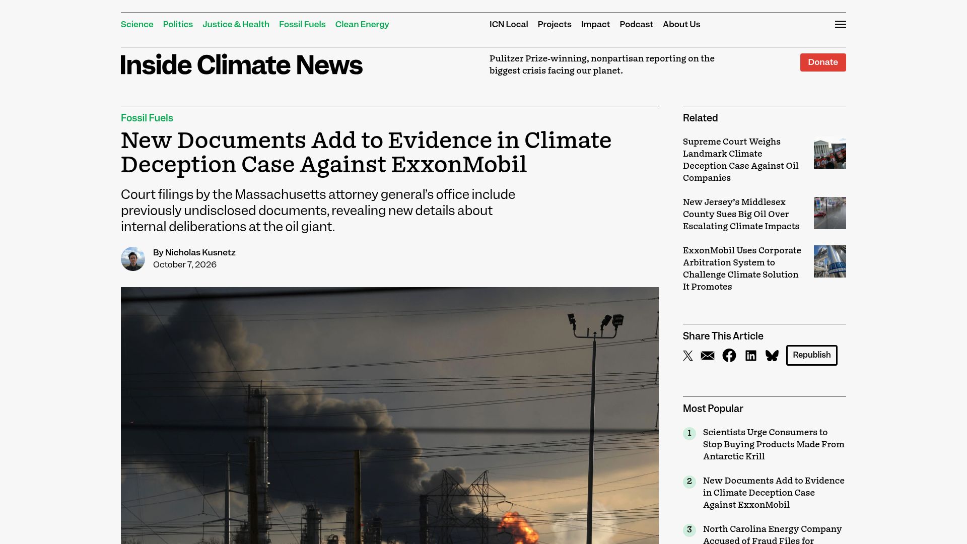 Screenshot of insideclimatenews.org: Documents add to evidence in climate deception case against ExxonMobil