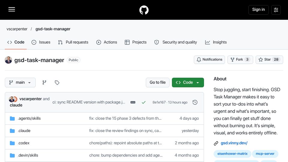 Screenshot of github.com: Show HN: GSD Task Manager – an MCP server that gives your AI agent a task list