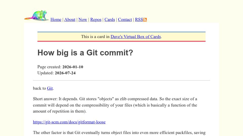 Screenshot of ratfactor.com: How big is a Git commit?