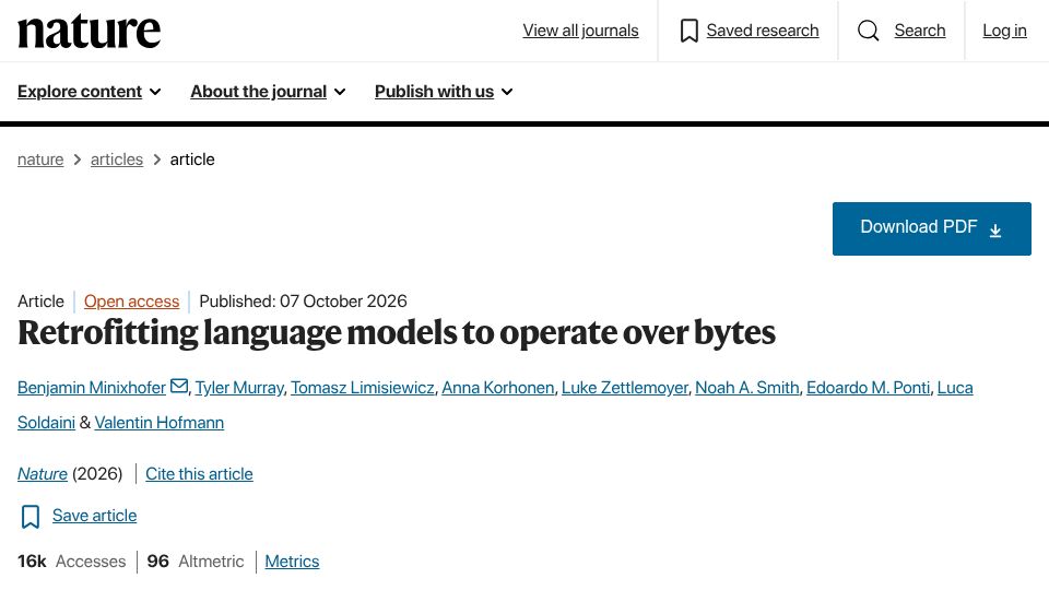 Screenshot of nature.com: Retrofitting language models to operate over bytes