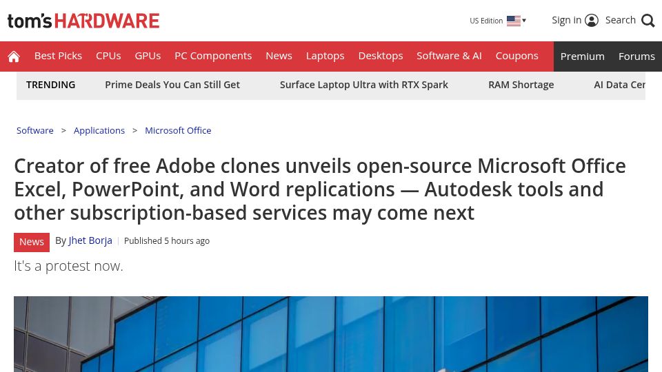 Screenshot of tomshardware.com: Open-Source Microsoft Office Excel, PowerPoint, and Word Replications