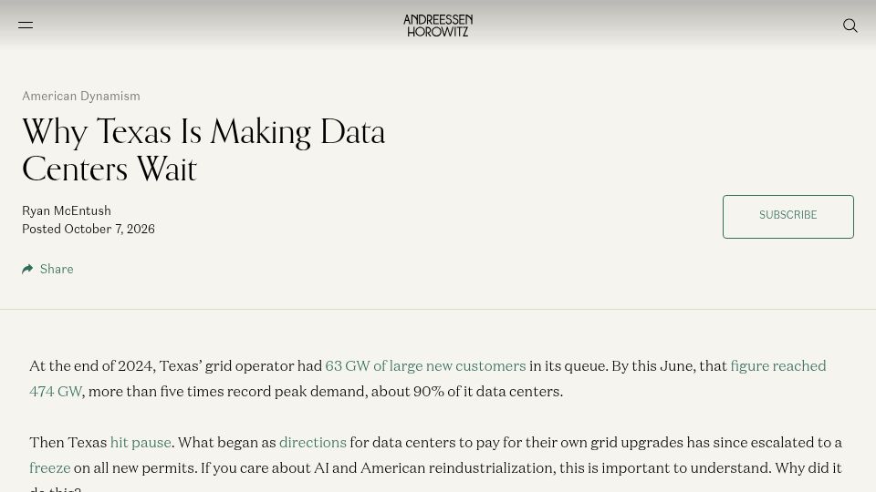 Screenshot of a16z.com: Why Texas Is Making Data Centers Wait