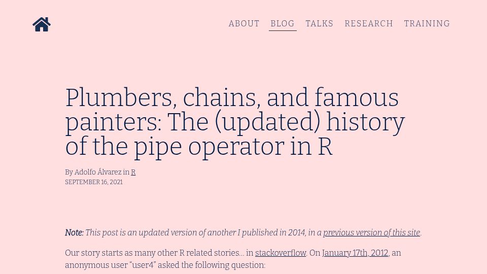 Screenshot of adolfoalvarez.cl: Plumbers, chains, and famous painters: The history of the pipe operator in R