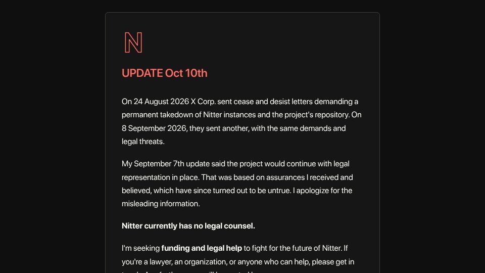 Screenshot of nitter.net: Nitter: Update Oct 10th seeking funding and legal help