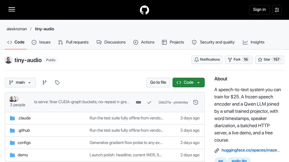 Screenshot of github.com: tiny-audio, nanoGPT for speech-to-text