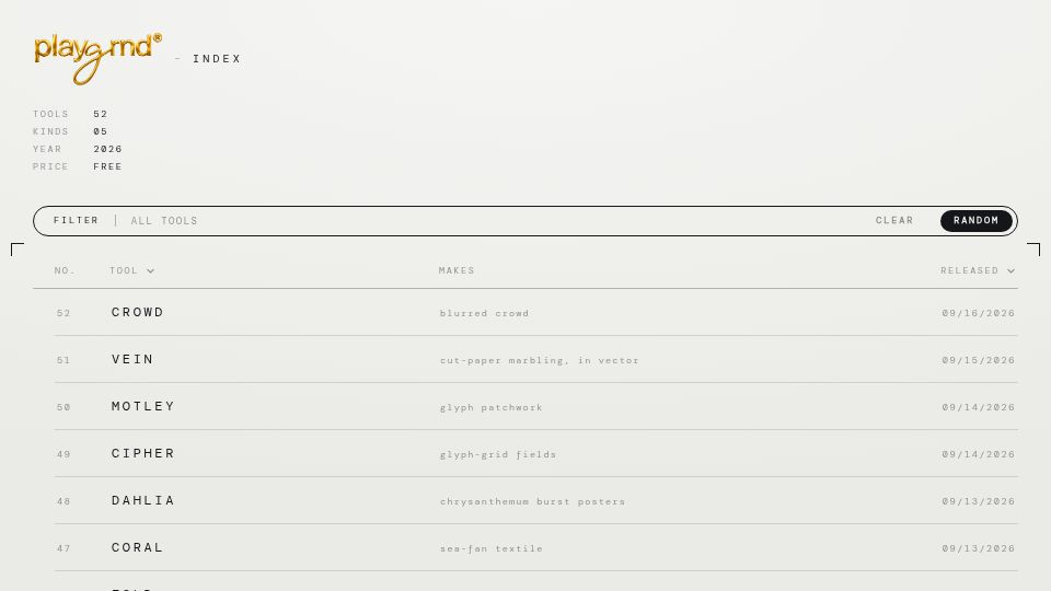 Screenshot of playgrnd.tools: Playgrnd – tiny tools for making weird, beautiful things