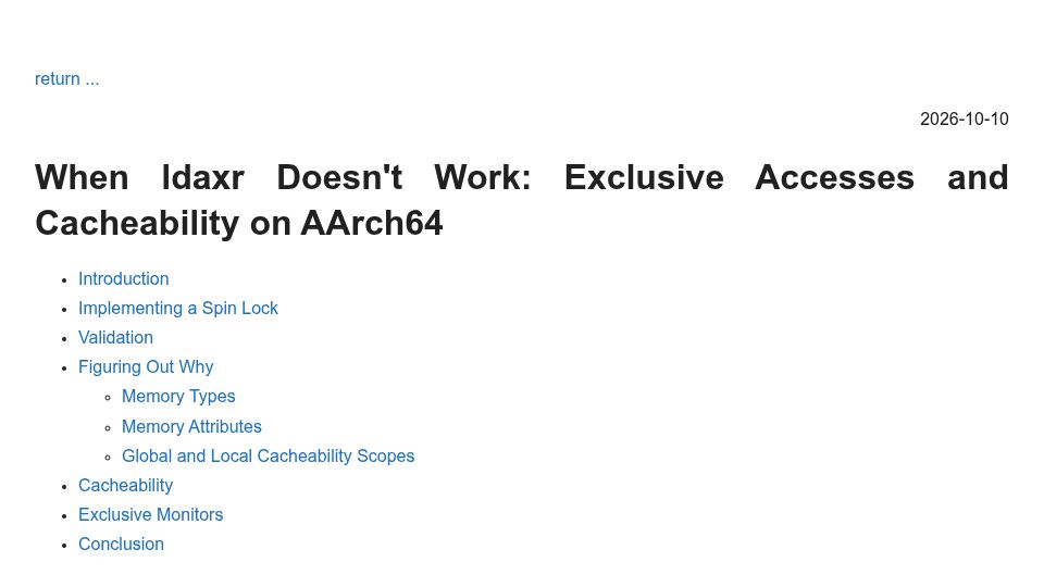 Screenshot of joelsiks.com: When Ldaxr Doesn't Work: Exclusive Accesses and Cacheability on AArch64