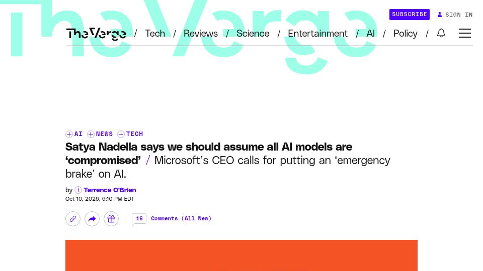 Screenshot of theverge.com: Satya Nadella says we should assume all AI models are 'compromised'