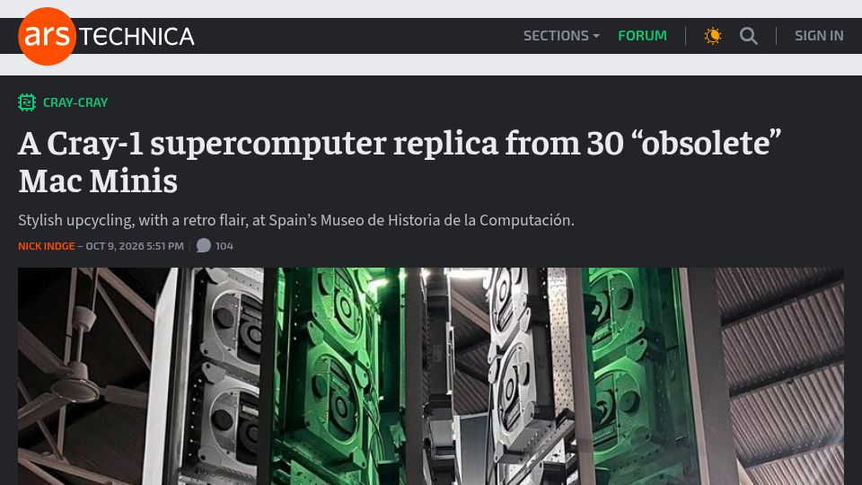 Screenshot of arstechnica.com: A Cray-1 supercomputer replica from 30 "obsolete" Mac Minis