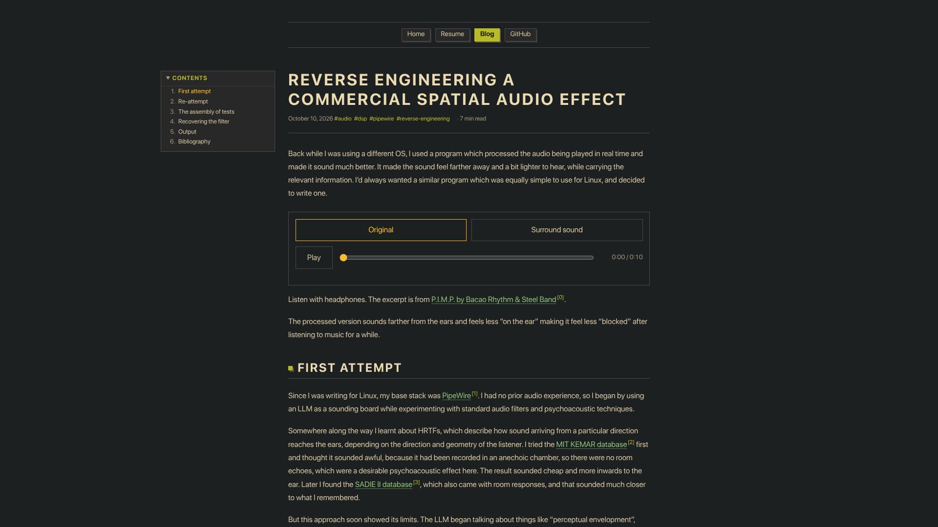 Screenshot of epestr.com: How I reverse engineered a commercial spatial audio effect