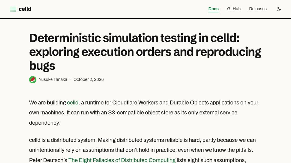 Screenshot of celld.dev: Deterministic Simulation Testing in Celld