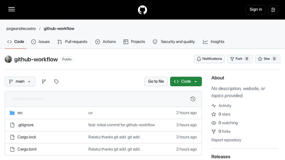 Screenshot of github.com: A minimal Rust TUI for managing GitHub repos and branches