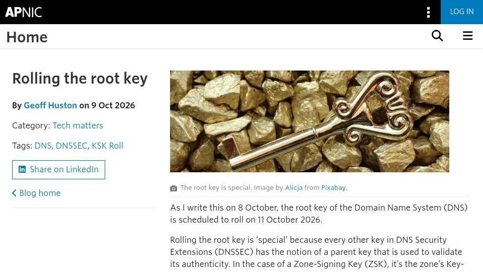 Screenshot of blog.apnic.net: Rolling the Root Key