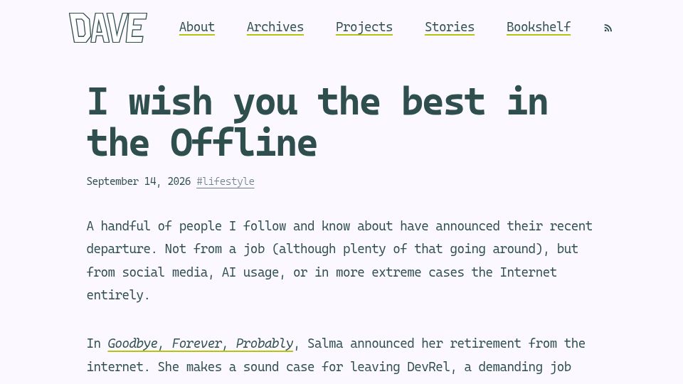 Screenshot of daverupert.com: I wish you the best in the Offline