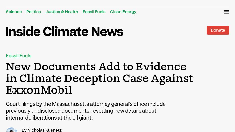 Screenshot of insideclimatenews.org: Documents add to evidence in climate deception case against ExxonMobil
