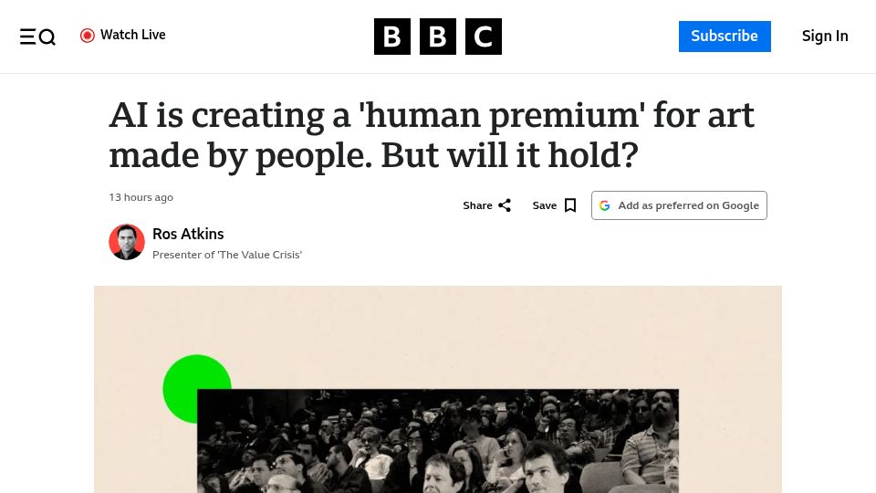 Screenshot of bbc.com: AI is creating a 'human premium' for art created by people