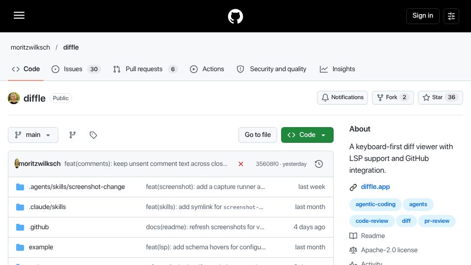 Screenshot of github.com: Show HN: Diffle, a keyboard-centric diff viewer with LSP support