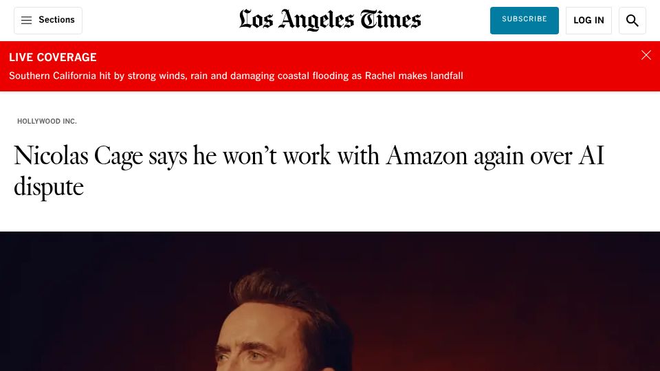Screenshot of latimes.com: Nicolas Cage says he won't work with Amazon again over AI dispute