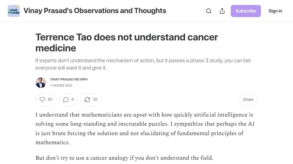 Screenshot of drvinayprasad.com: Terrence Tao does not understand cancer medicine