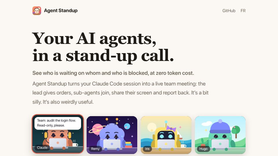 Screenshot of atoll92.github.io: AI agents in a stand-up call
