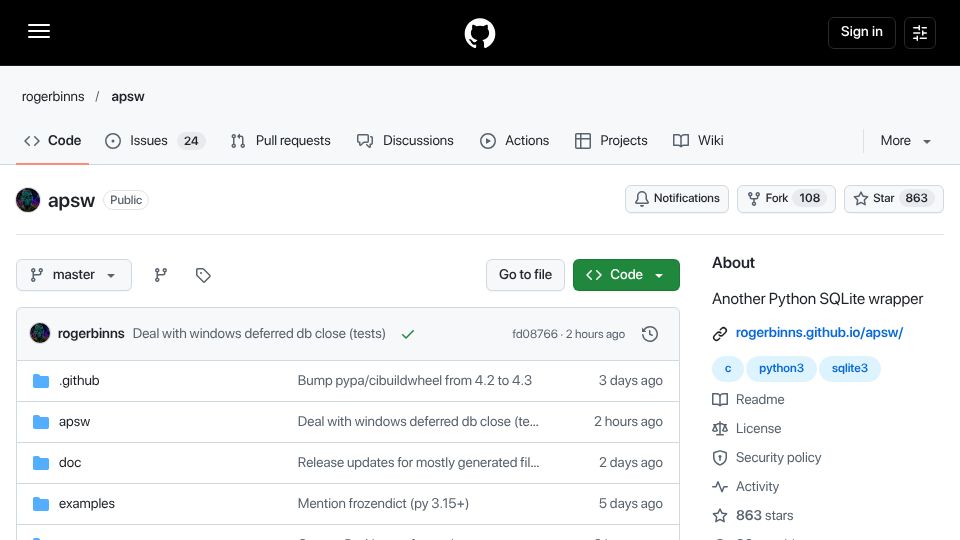 Screenshot of github.com: apsw: Another Python SQLite Wrapper