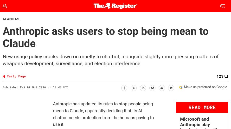Screenshot of theregister.com: Anthropic asks users to stop being mean to Claude