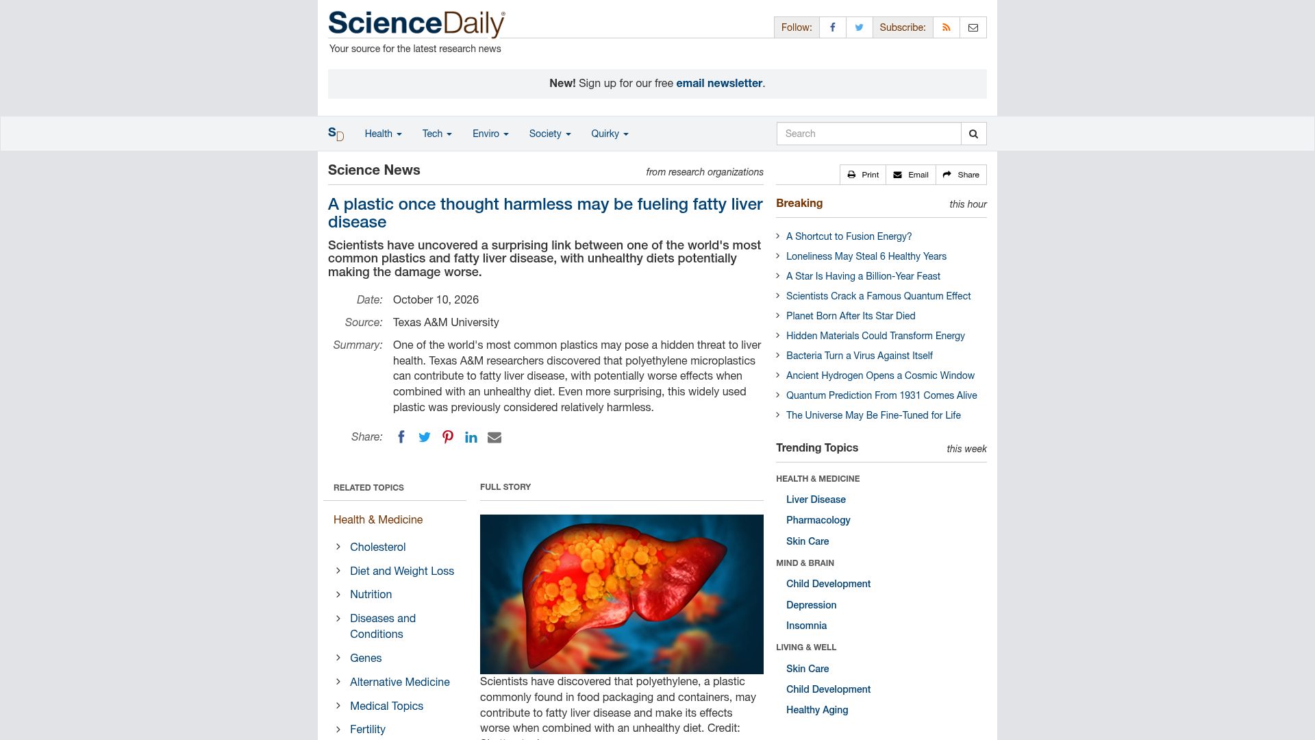 Screenshot of sciencedaily.com: A plastic once thought harmless may be fueling fatty liver disease