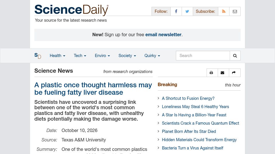 Screenshot of sciencedaily.com: A plastic once thought harmless may be fueling fatty liver disease