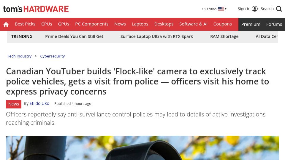 Screenshot of tomshardware.com: YouTuber builds 'Flock-like' camera to track police vehicles, gets police visit