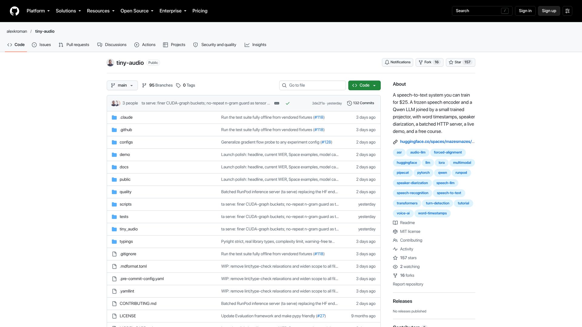 Screenshot of github.com: tiny-audio, nanoGPT for speech-to-text
