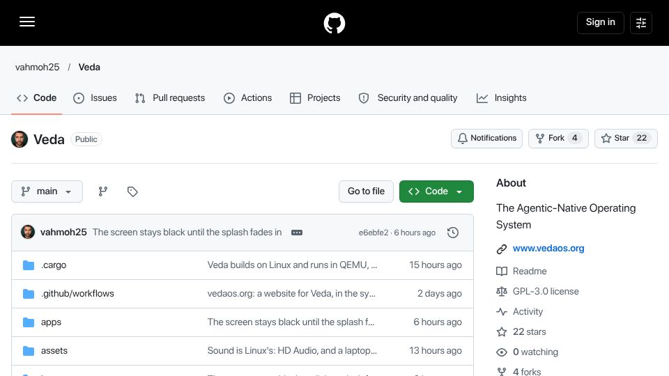 Screenshot of github.com: Veda: The First Agentic Hobby Operating System