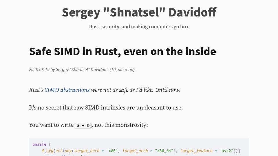 Screenshot of shnatsel.github.io: Safe SIMD in Rust, even on the inside