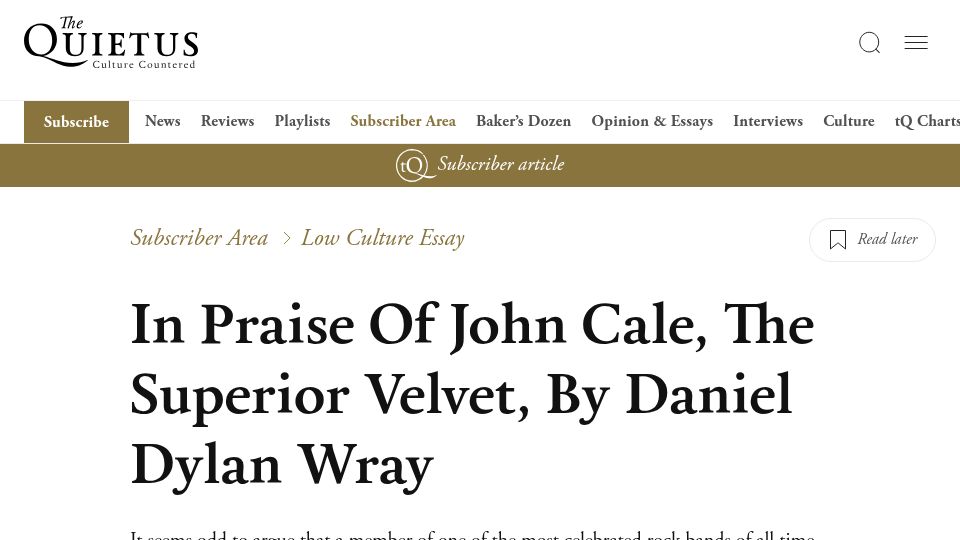 Screenshot of thequietus.com: In Praise of John Cale, the Superior Velvet