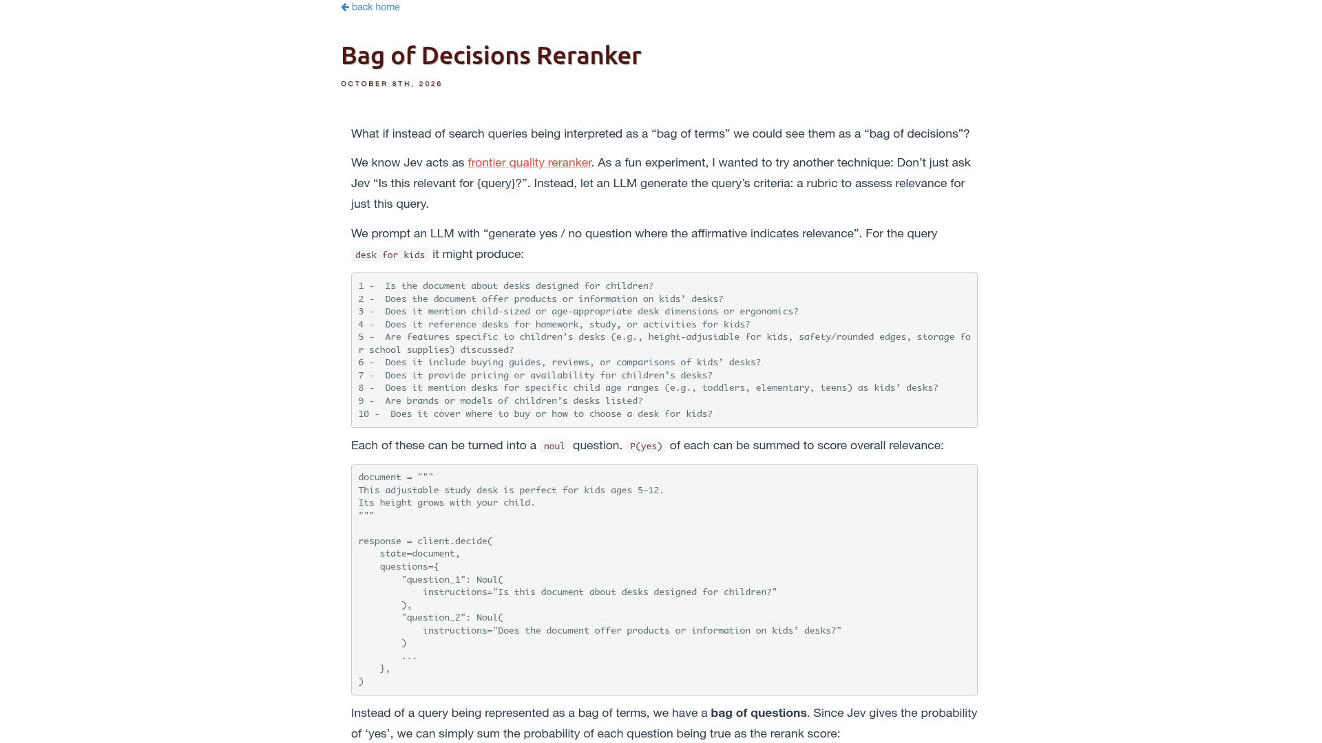 Screenshot of softwaredoug.com: Bag of Decisions Reranker