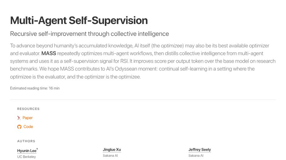 Screenshot of pub.sakana.ai: Recursive self-improvement through collective intelligence