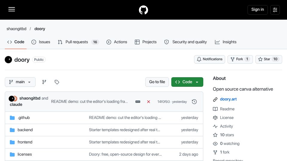 Screenshot of github.com: Doory – Open-Source Canva