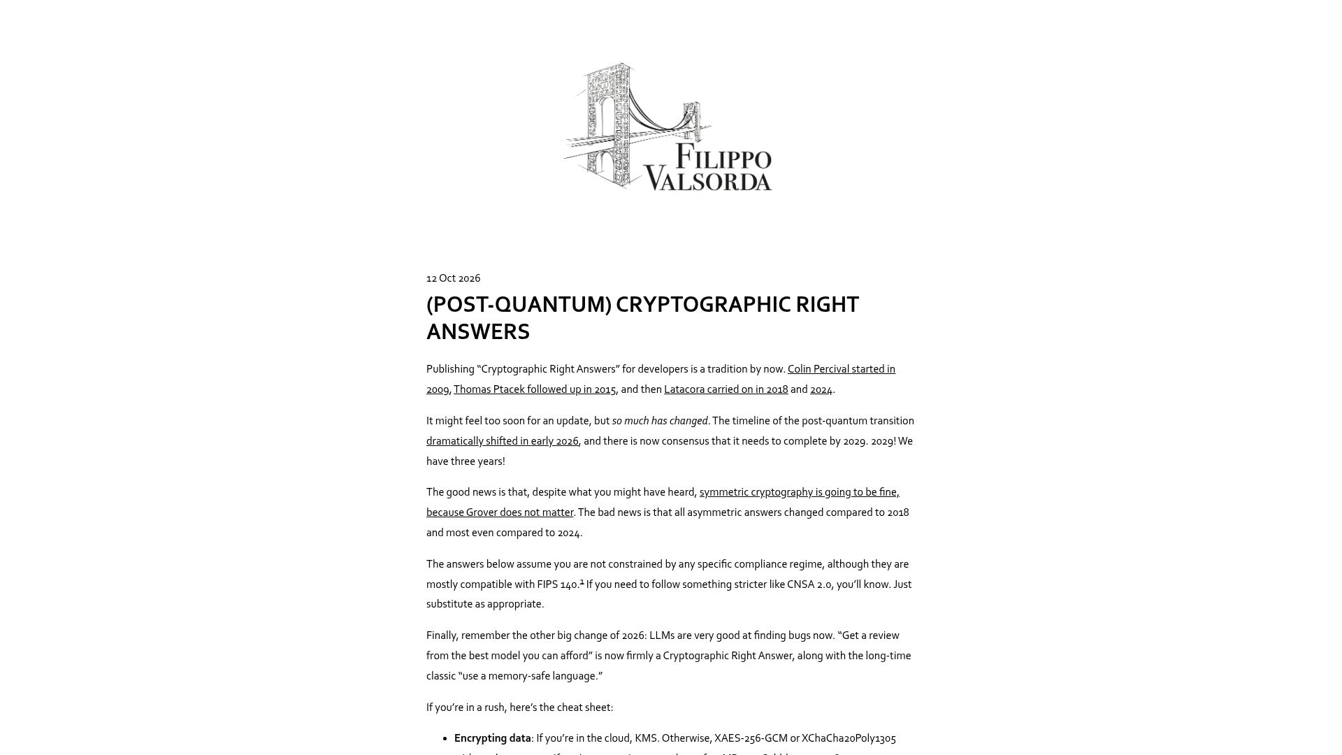 Screenshot of words.filippo.io: (Post-Quantum) Cryptographic Right Answers